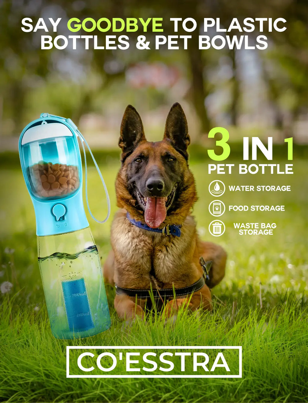 3-in-1 Dog Water Bottle - Water, Food & Poop Bag Dispenser, Leak-Proof from MotivePets for pet comfort, care and everyday use