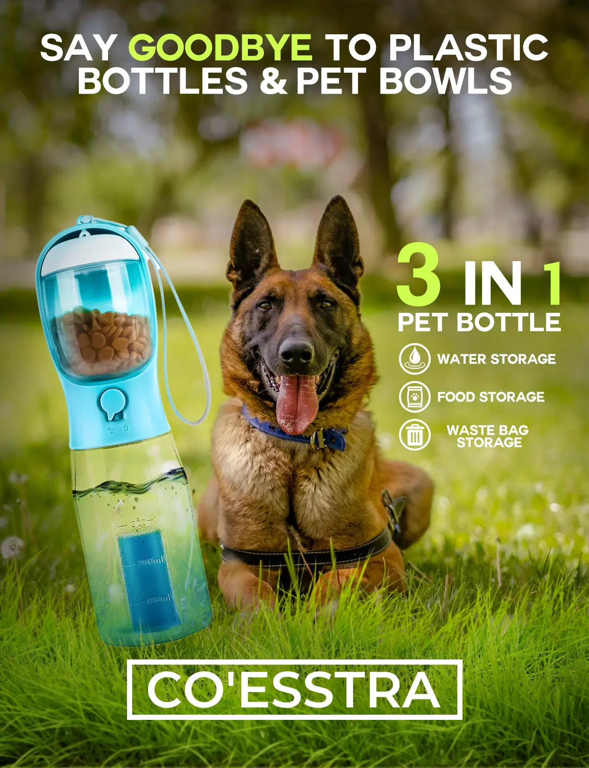 3-in-1 Dog Water Bottle - Water, Food & Poop Bag Dispenser, Leak-Proof from MotivePets for pet comfort, care and everyday use