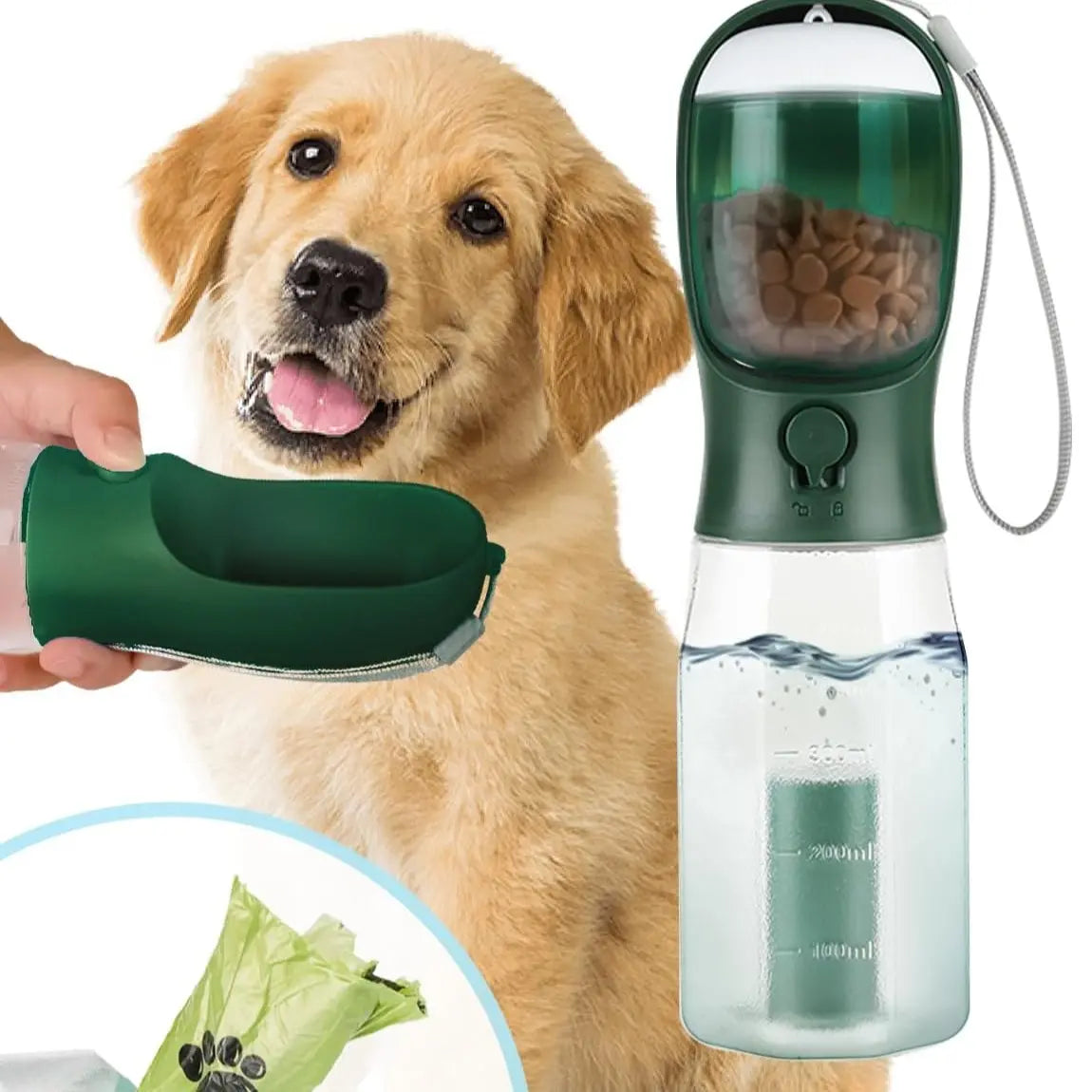 3-in-1 Dog Water Bottle - Water, Food & Poop Bag Dispenser, Leak-Proof from MotivePets for pet comfort, care and everyday use