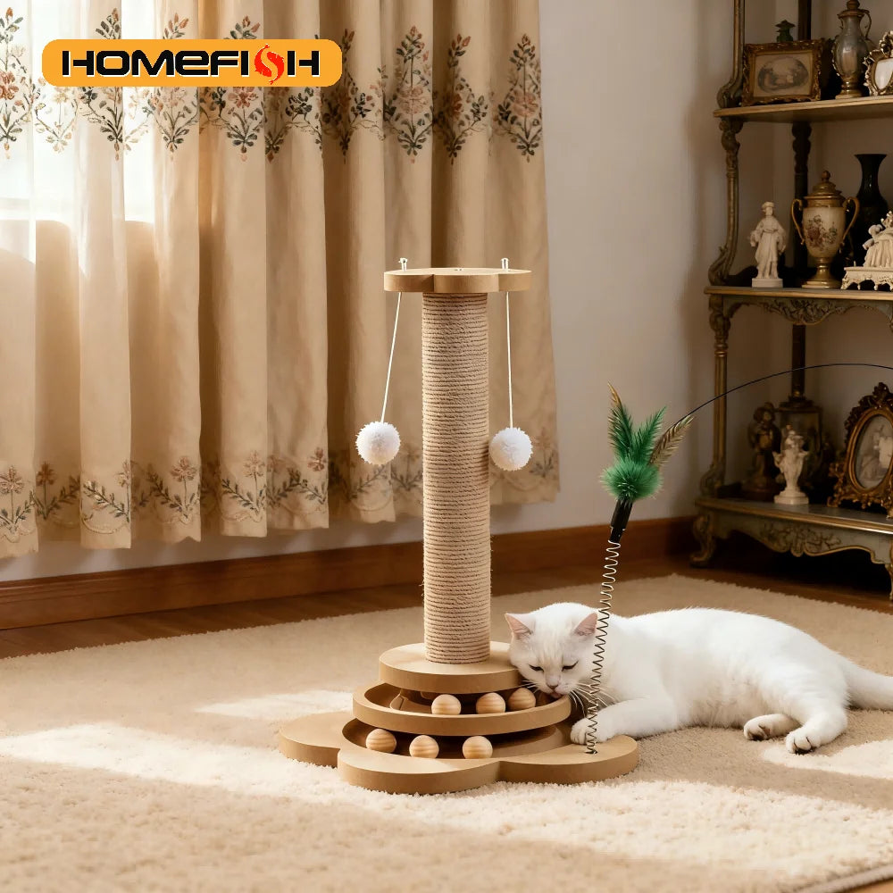 Solid Wood Cat Turntable - Sisal Scratching Board & Spinning Balls from MotivePets for pet comfort, care and everyday use